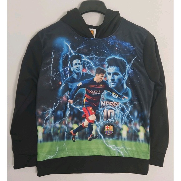 Messi Other - FCB Messi Sweatshirt Hoodie Youth Size XL Black Soccer Qatar Airways Graphic
